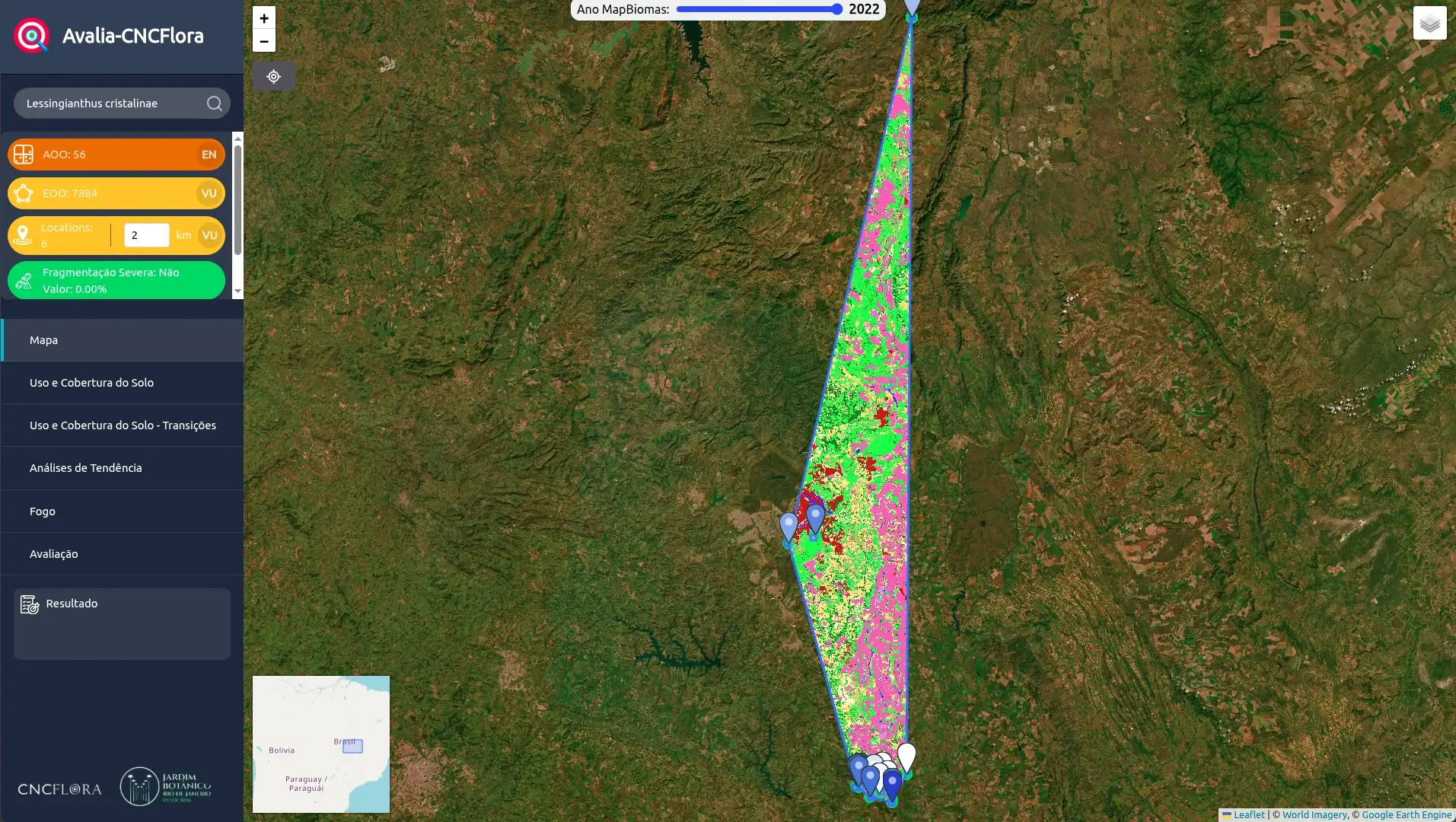 Avalia-CNCFlora interface with a map, occurrences and geospatial indicators