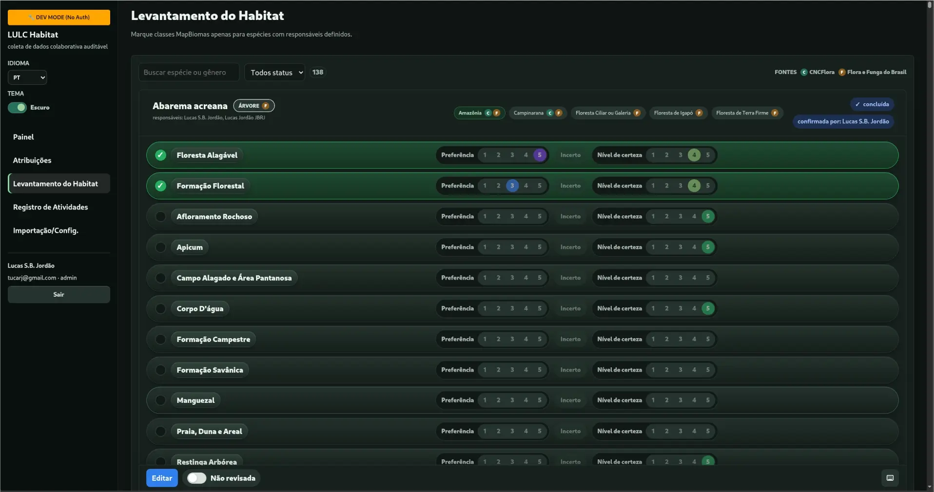 Tela do LULC Habitat em modo de desenvolvimento para marcar e revisar classes MapBiomas por espécie