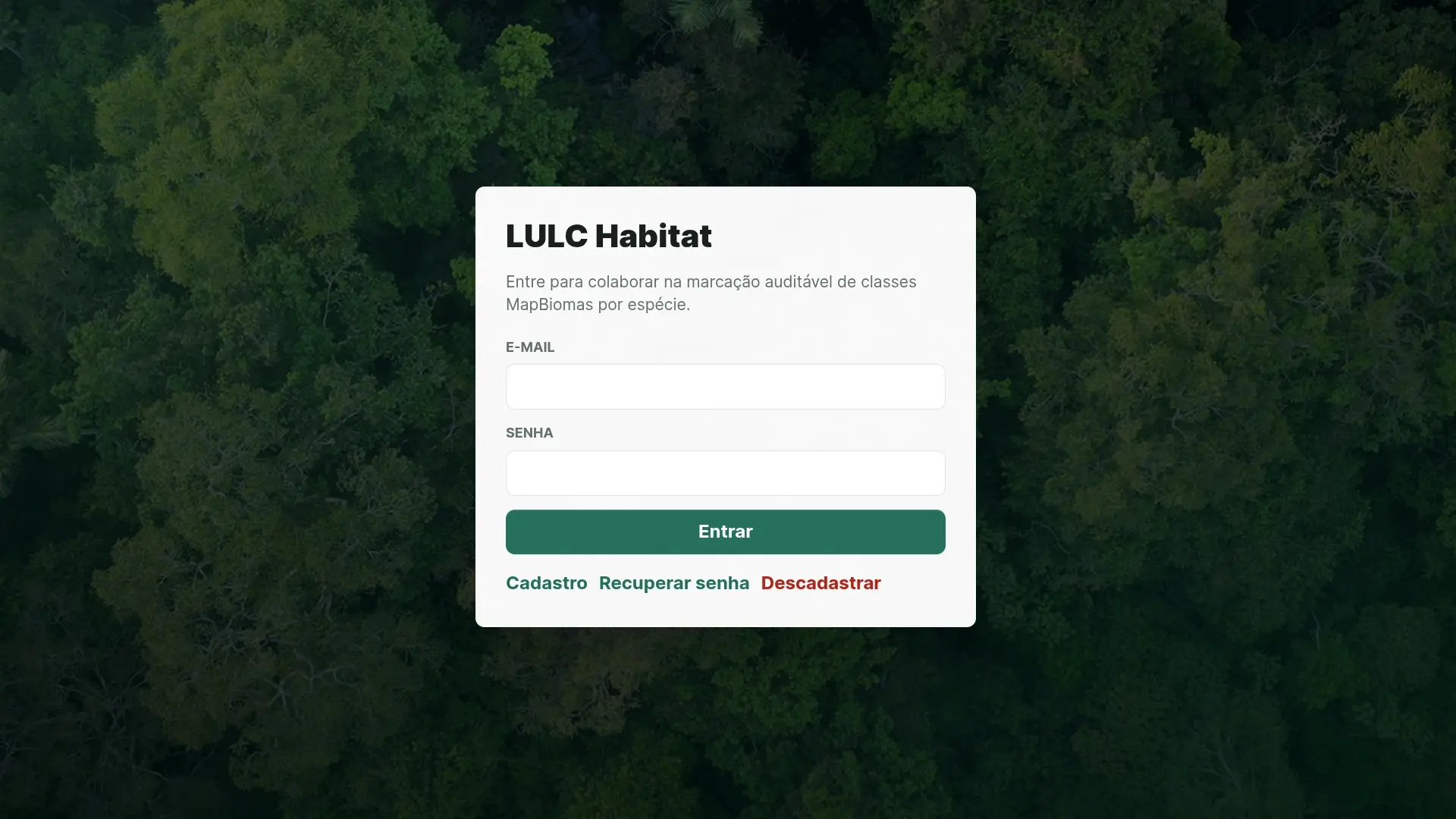 Tela de autenticação do LULC Habitat com login, cadastro e recuperação de senha