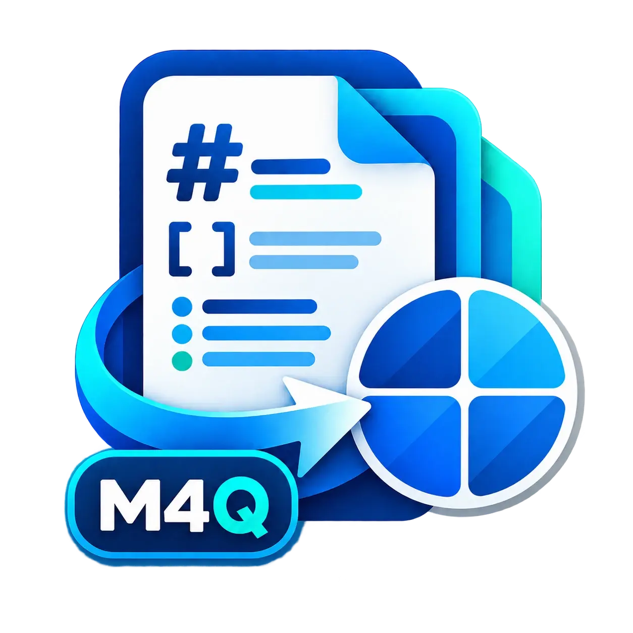 Ícone com documento Markdown, seta de publicação e símbolo do Quarto em azul e turquesa