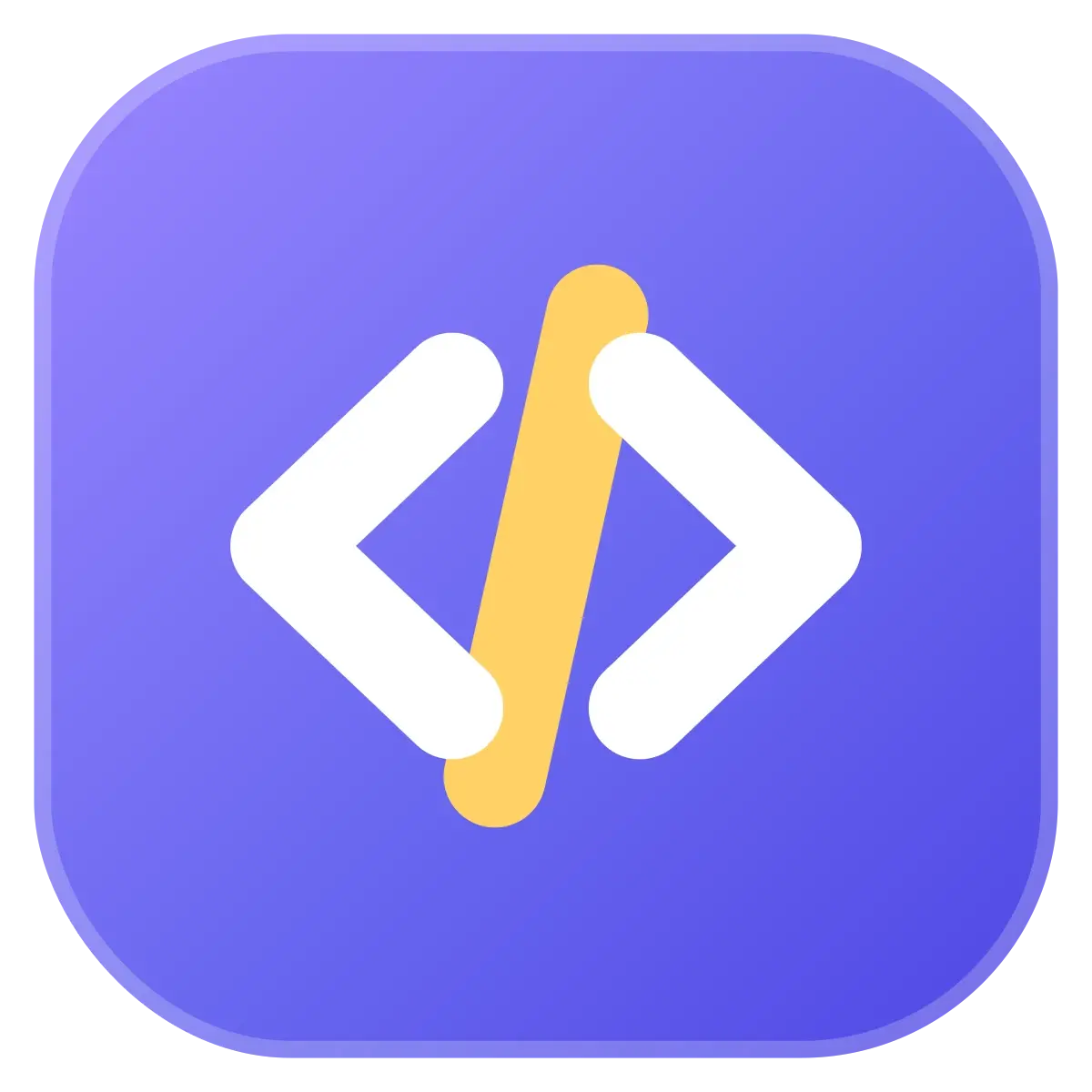 Símbolo do Semantic CSS Studio em roxo, com sinais de menor e maior em branco e barra amarela