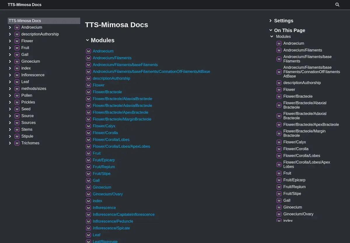 TTS-Mimosa documentation showing taxonomic character modules